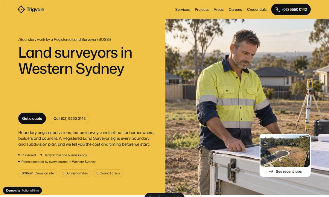 Template A, Trig, home page for the demo firm Trigvale Surveyors: a yellow panel with the headline Land surveyors in Western Sydney and a Get a quote button, beside a grey contour plan.